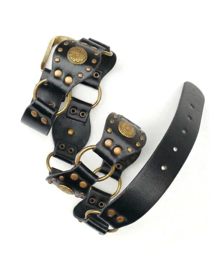 SOLACE  Black Faux Leather Antique Bronze Studded Double O-Ring Western Belt 