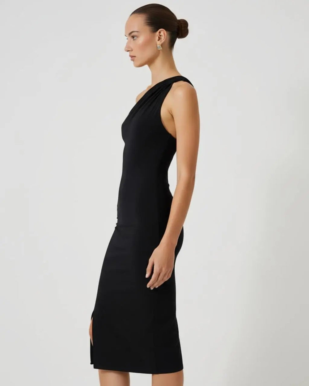 Black One-Shoulder Fitted Midi Dress SOLACE