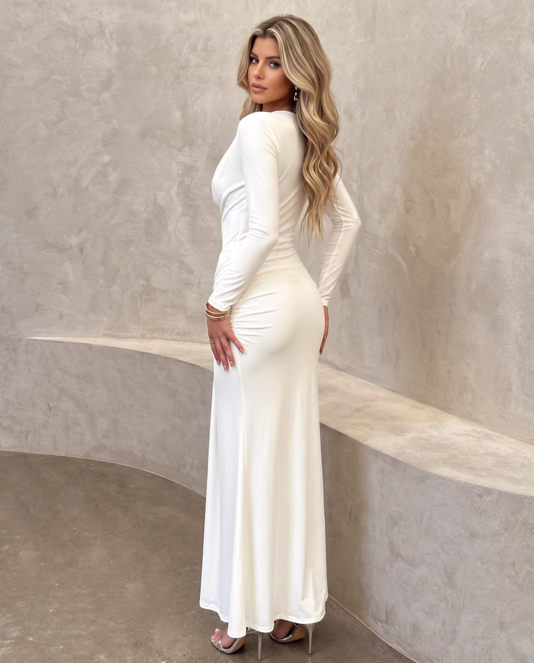White Cowl Neck Long Sleeve Mermaid Maxi Dress