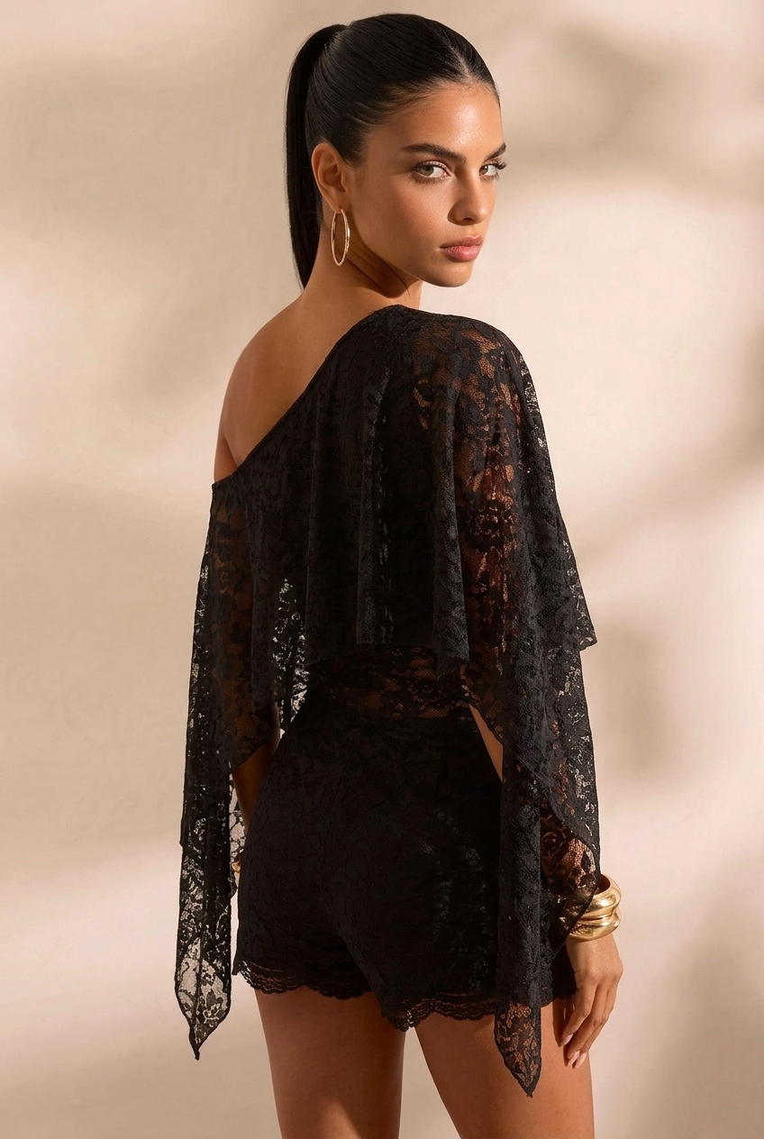 Flowy Cape Sleeve Sheer Lace Blouse