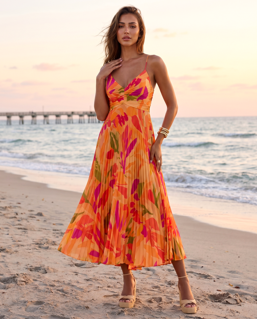 Orange Tropical Print Twisted V Neck Pleated Midi Dress