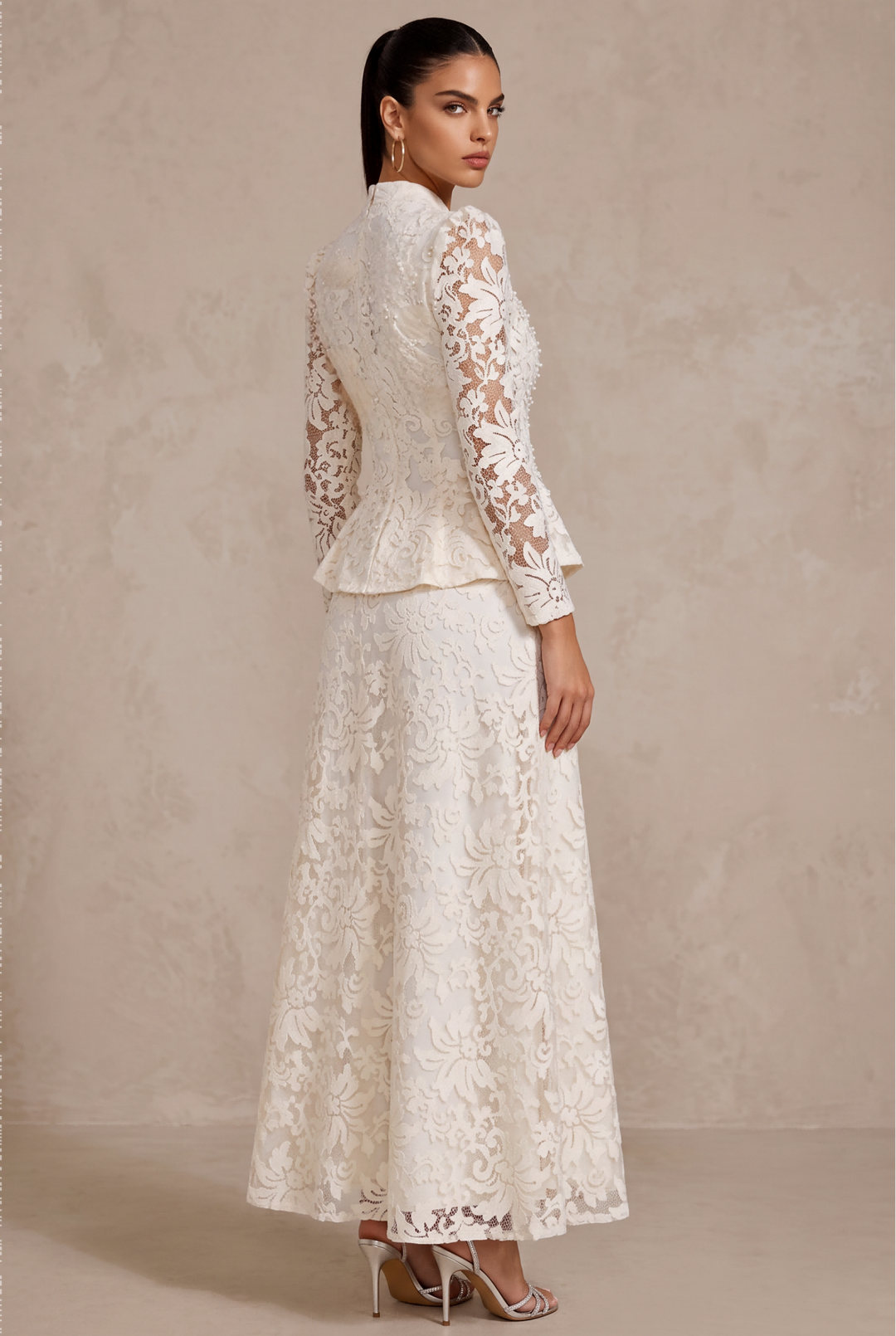 Beaded Lace Stand Collar Two Piece Maxi Skirt Set