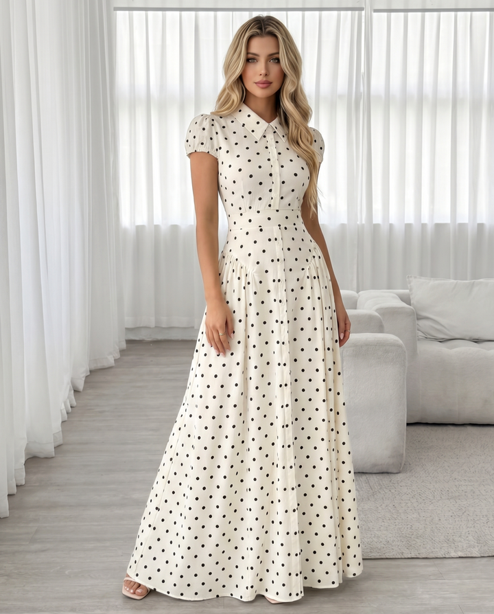 SOLACE  White Polka Dot Puff Short Sleeve Shirt Maxi Dress 