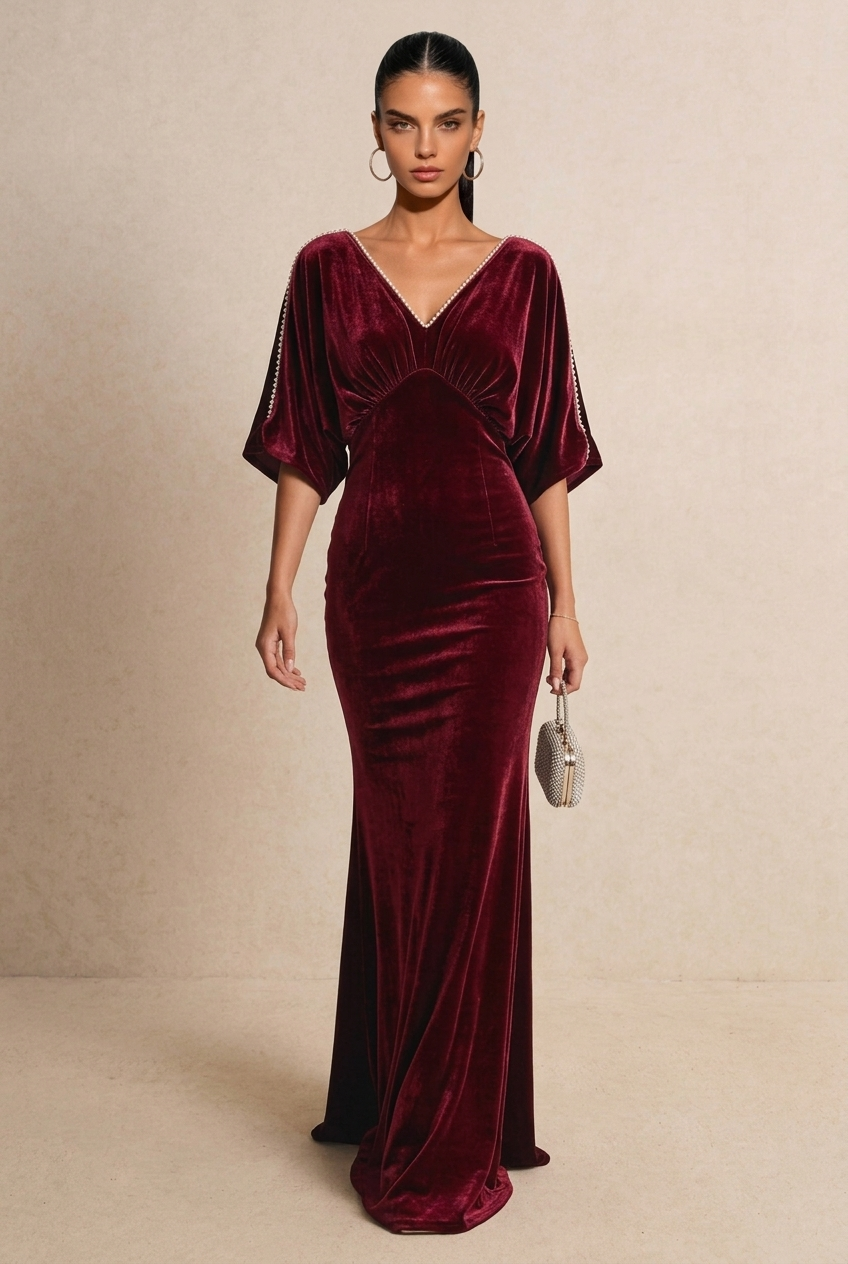 V Neck Velvet Beaded Trim Mermaid Dress