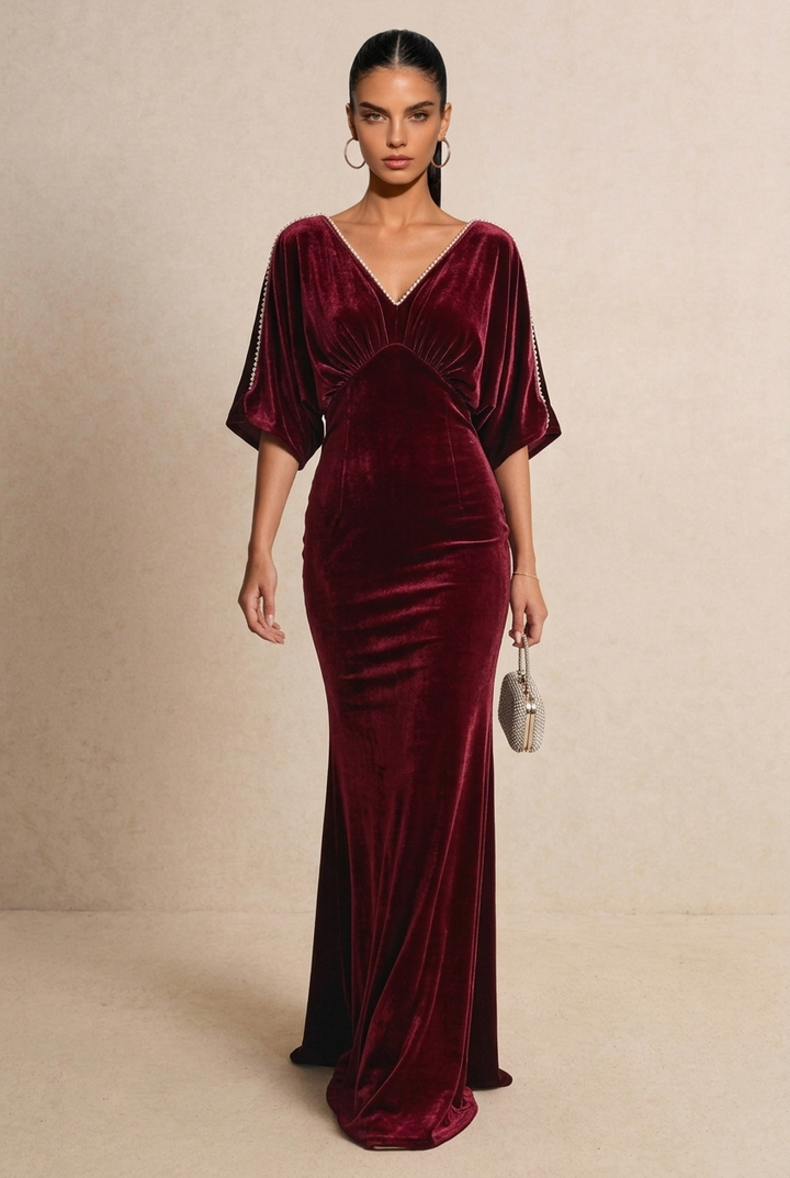 V Neck Velvet Beaded Trim Mermaid Dress