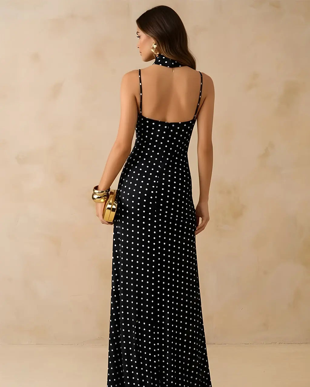 Black Polka Dot Cowl Neck Slip Maxi Dress SOLACE