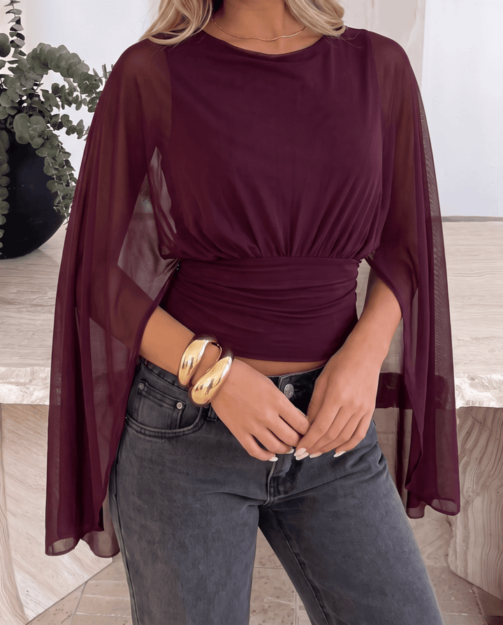 Mesh Batwing Sleeve Burgundy Draped Blouse