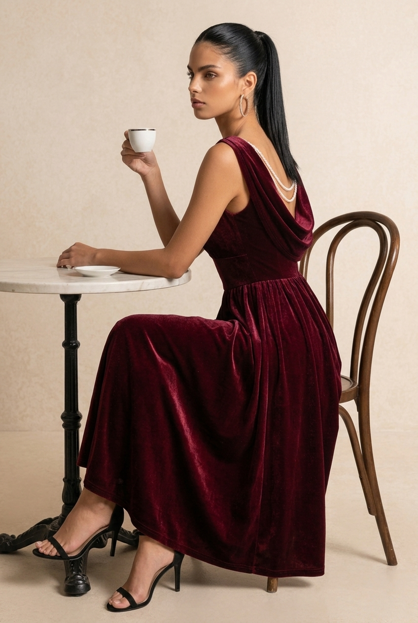 Cowl Back A Line Velvet Wedding Guest Dress