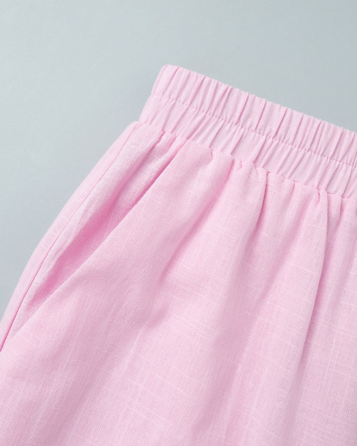 Pink Peplum V-Neck Button Up Crop Top Wide Leg Pants Set