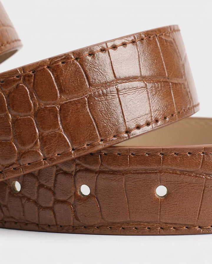 SOLACE  Camel PU Leather Crocodile Embossed Gold Buckle Fashion Belt 