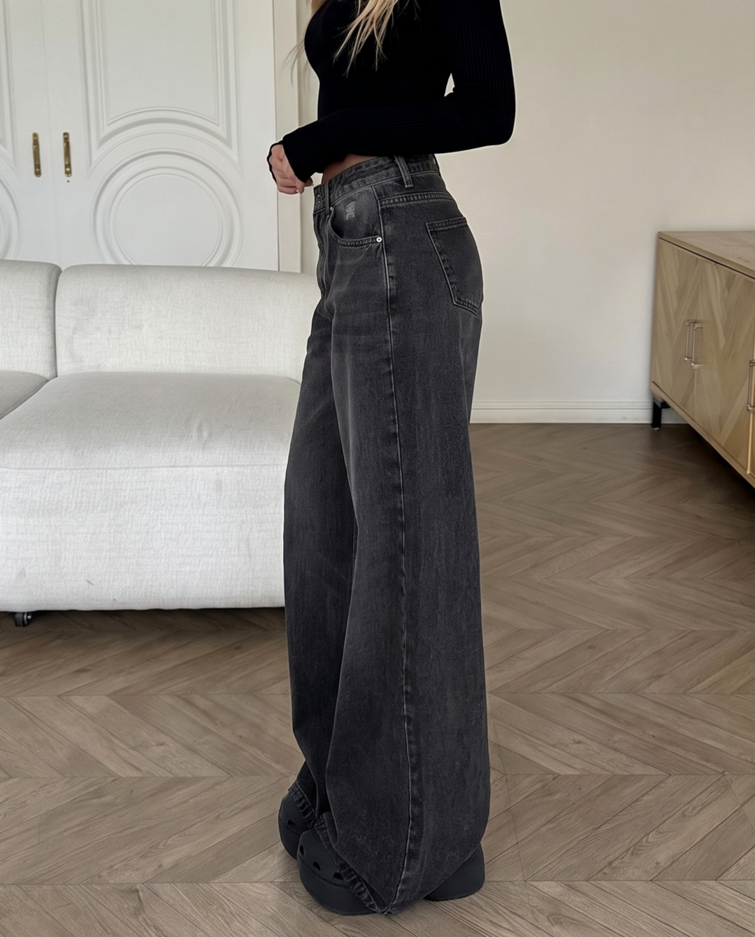 Black Washed Distressed Wide Leg Denim Jeans