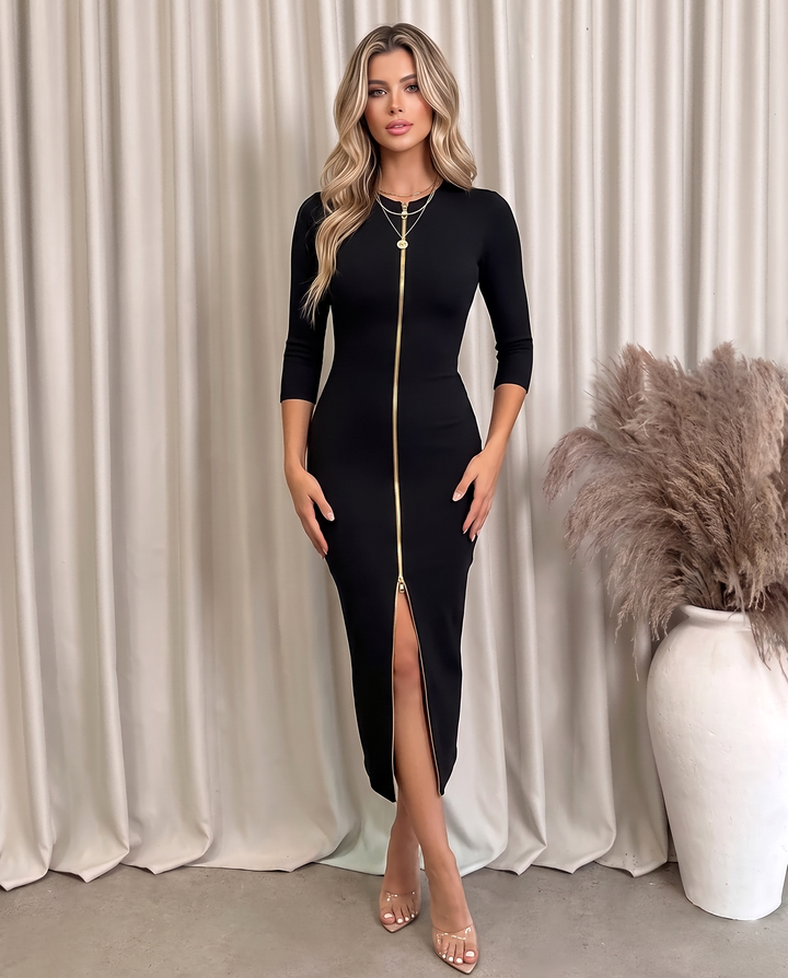 Black Front Zipper Split Bodycon Midi Dress