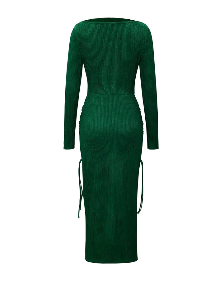 Plain Green Ribbed Ruched Bodycon Maxi Dress SOLACE