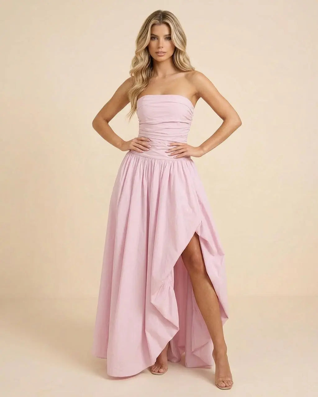 Pink Strapless Ruched High Slit Maxi Dress SOLACE