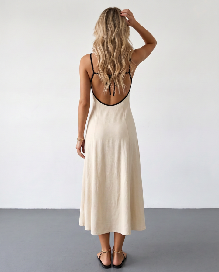 SOLACEBeige Contrast Trim Open Back Tie Midi Dress