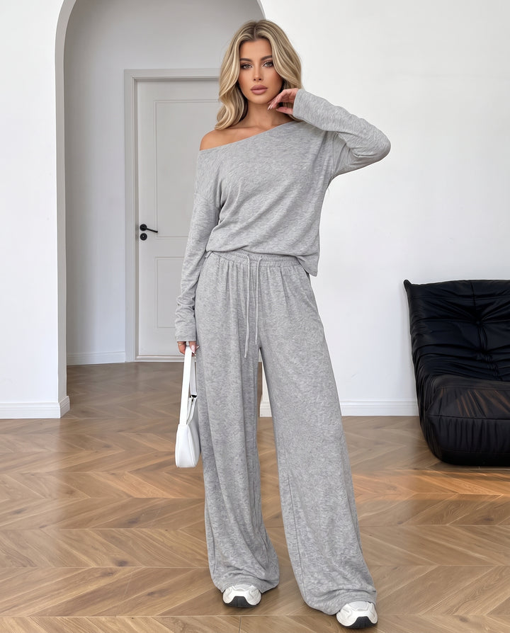 Off-Shoulder Loose Fit Soft Knit Two-Piece Loungewear Set