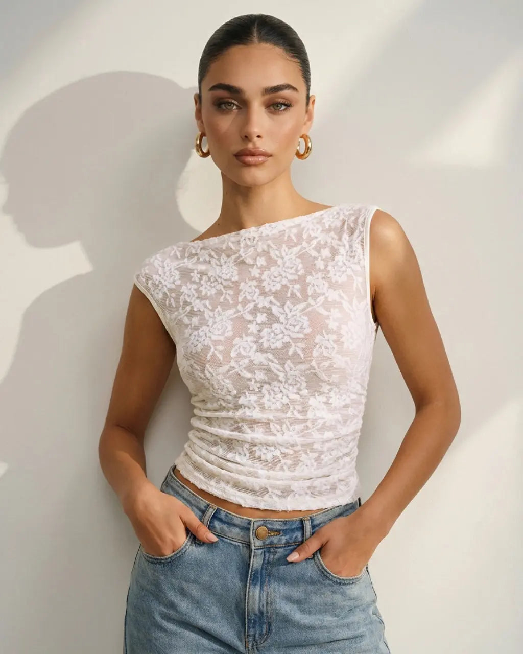 SOLACE  White Romantic One Shoulder Floral Lace Ruched Sheer Crop 