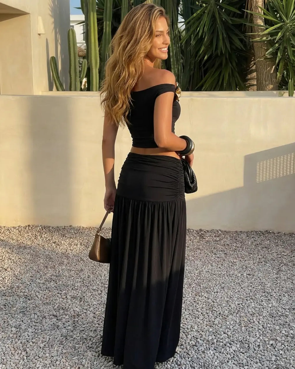 SOLACE  Black Elegant Off Shoulder Gold Flower Detail Crop Top 