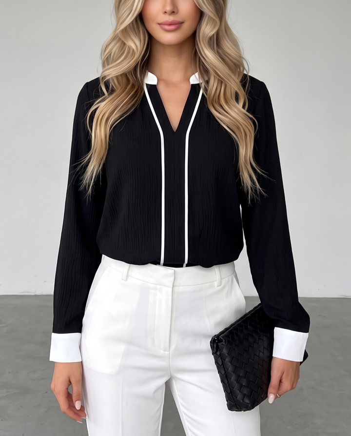 Contrast Trim Long Sleeve Blouse