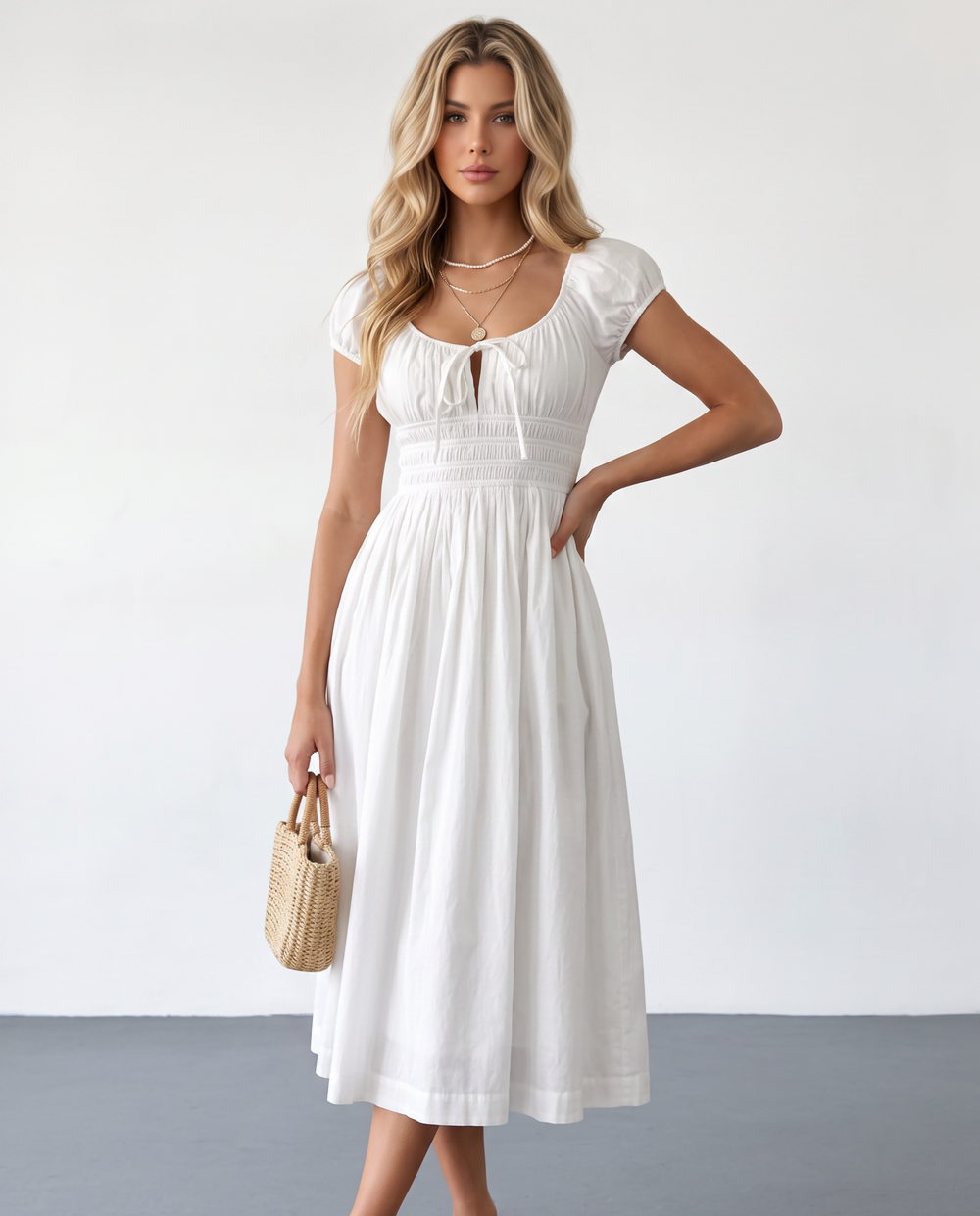 SOLACEWhite Square Neck Puff Sleeve Smocked Waist Midi Dress