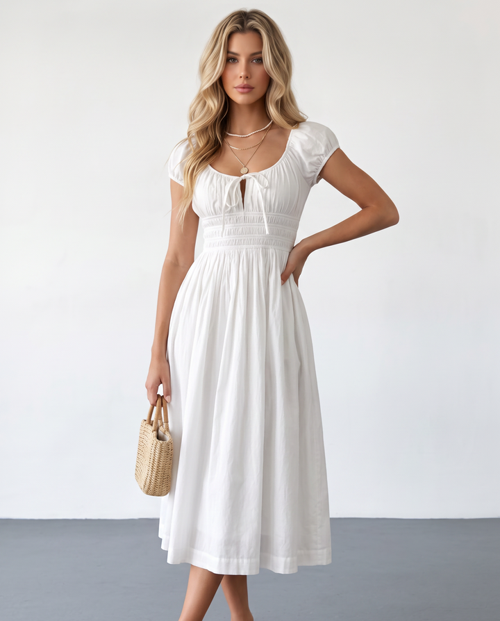 SOLACEWhite Square Neck Puff Sleeve Smocked Waist Midi Dress