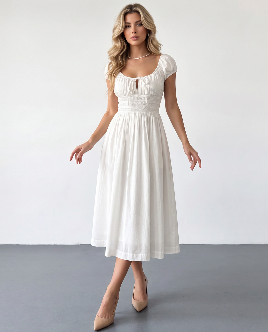 SOLACEWhite Square Neck Puff Sleeve Smocked Waist Midi Dress