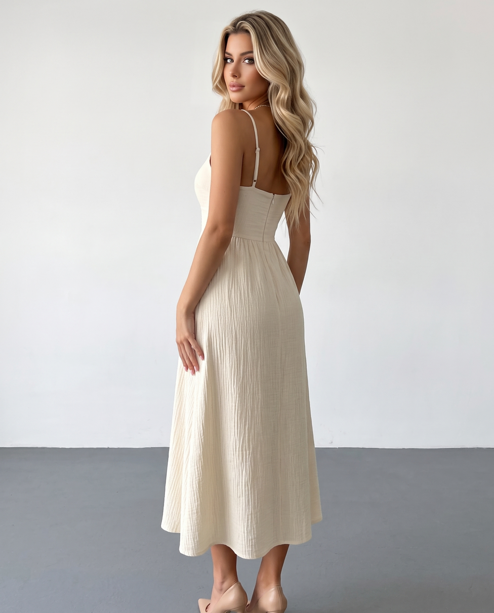 SOLACESexy Beige Cut Out Detail Textured Cotton Maxi Dress