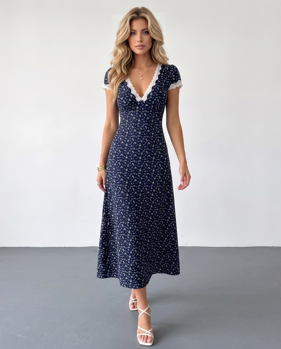 SOLACENavy Blue Floral Lace Trim Midi Dress