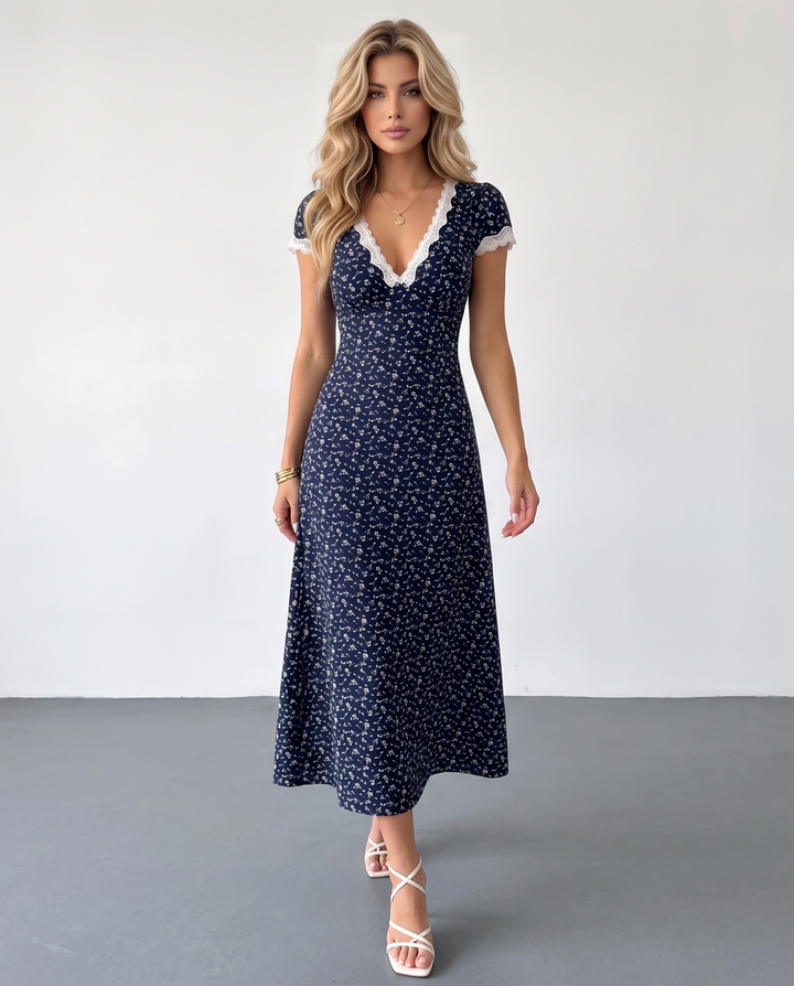 SOLACENavy Blue Floral Lace Trim Midi Dress