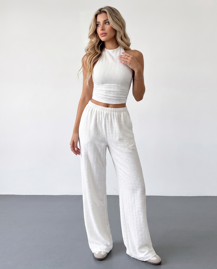 SOLACEWhite Textured Halter Top Slim Fit Cropped Wid Leg Long Pants Set