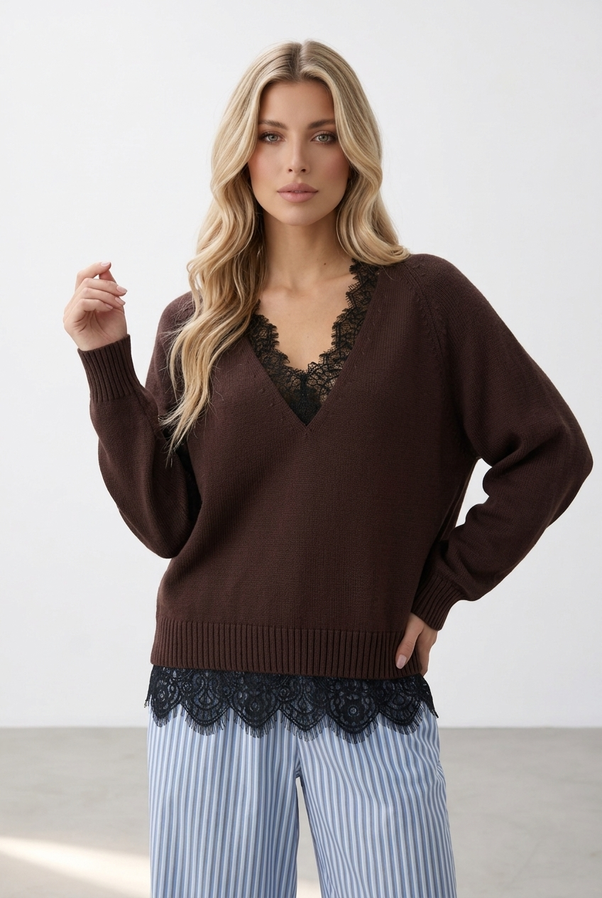 Lace Trim V-Neck Loose Knit Pullover Sweater
