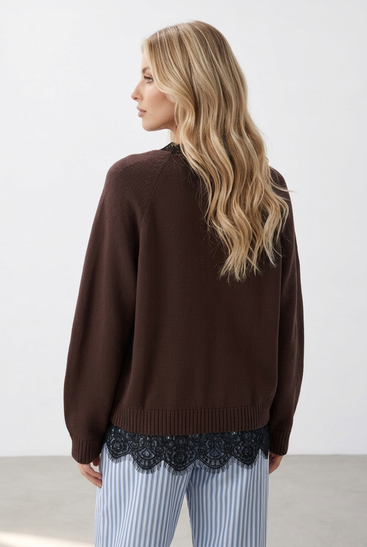 Lace Trim V-Neck Loose Knit Pullover Sweater