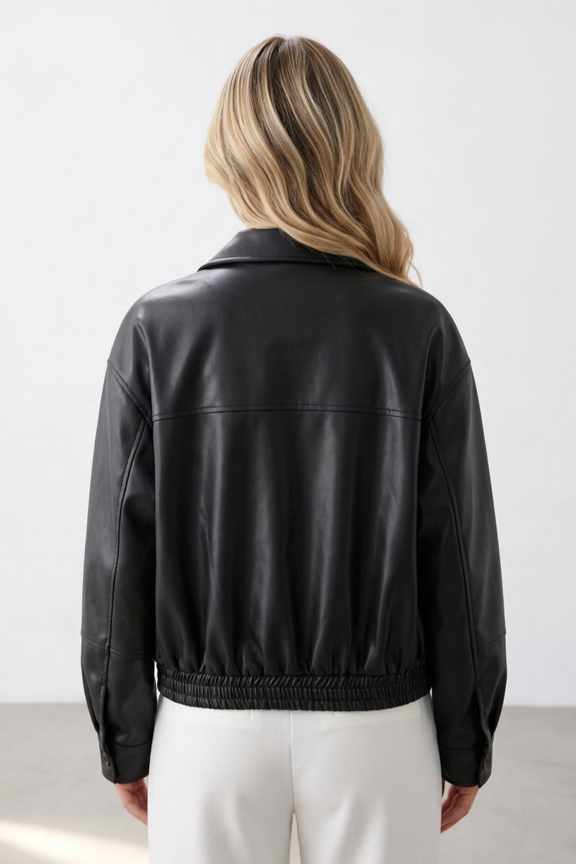 Zip Up Elastic Hem Solid Faux Leather Jacket