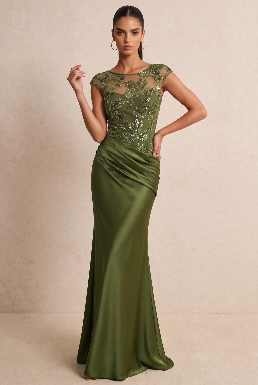 Floral Embroidered Satin Mermaid Evening Dress
