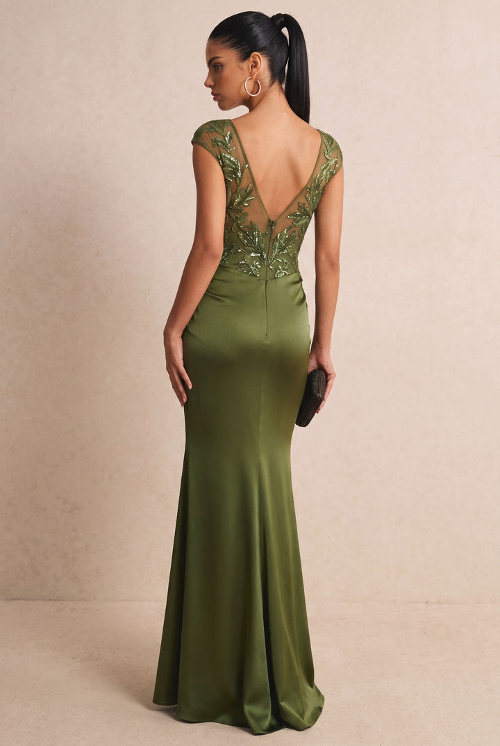 Floral Embroidered Satin Mermaid Evening Dress