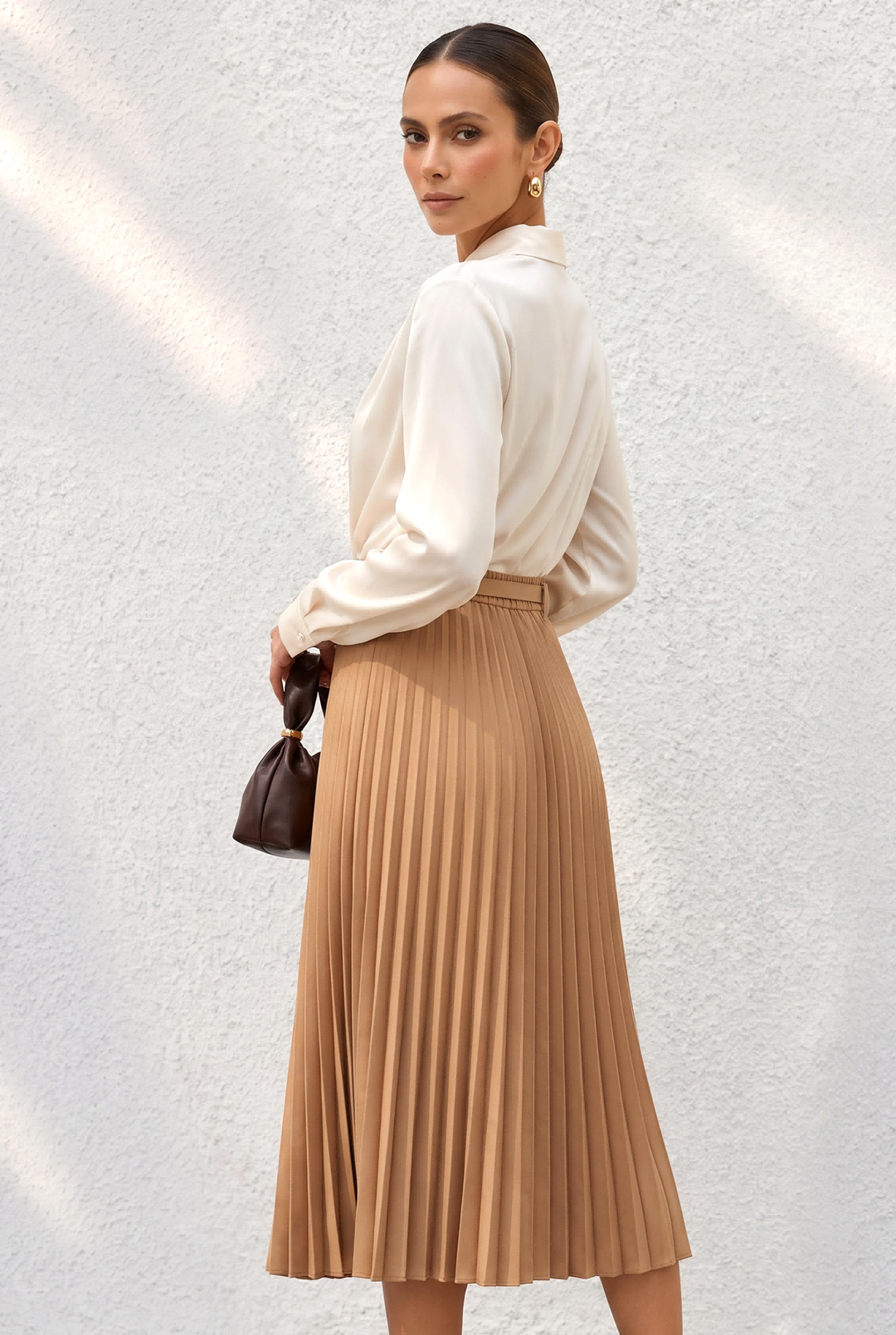 Solid Color Button Blouse A-line Pleated  Dress