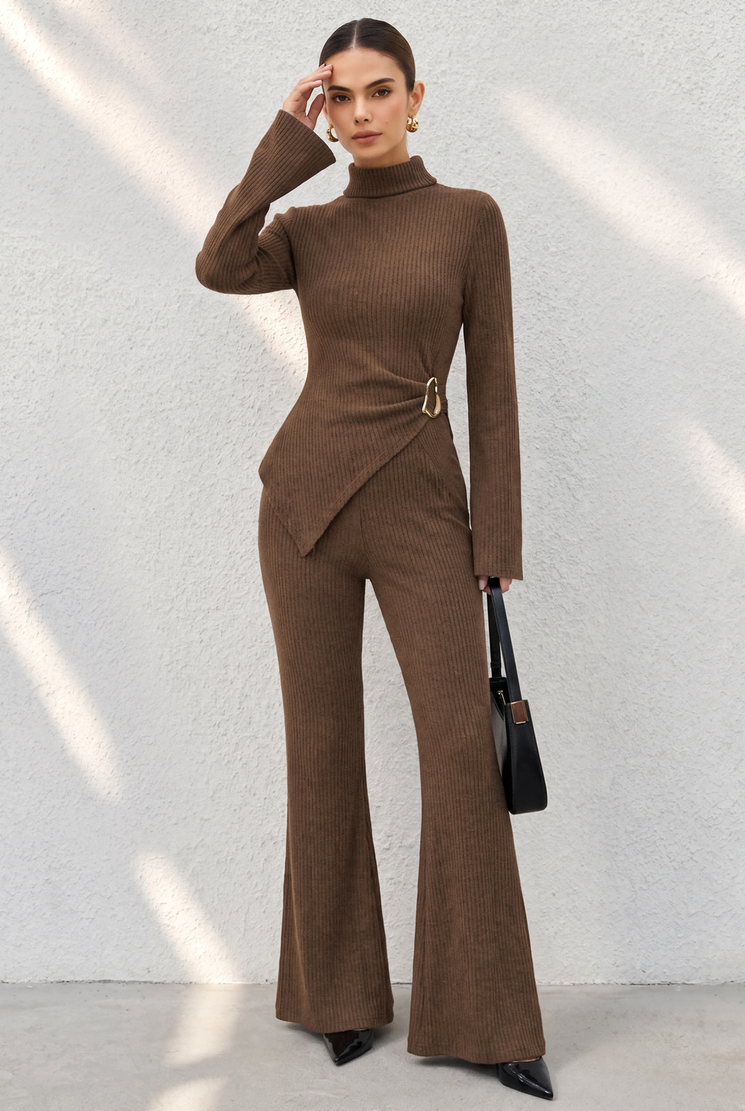 Asymmetric Buckle Ribbed Knit Matching Pant Set