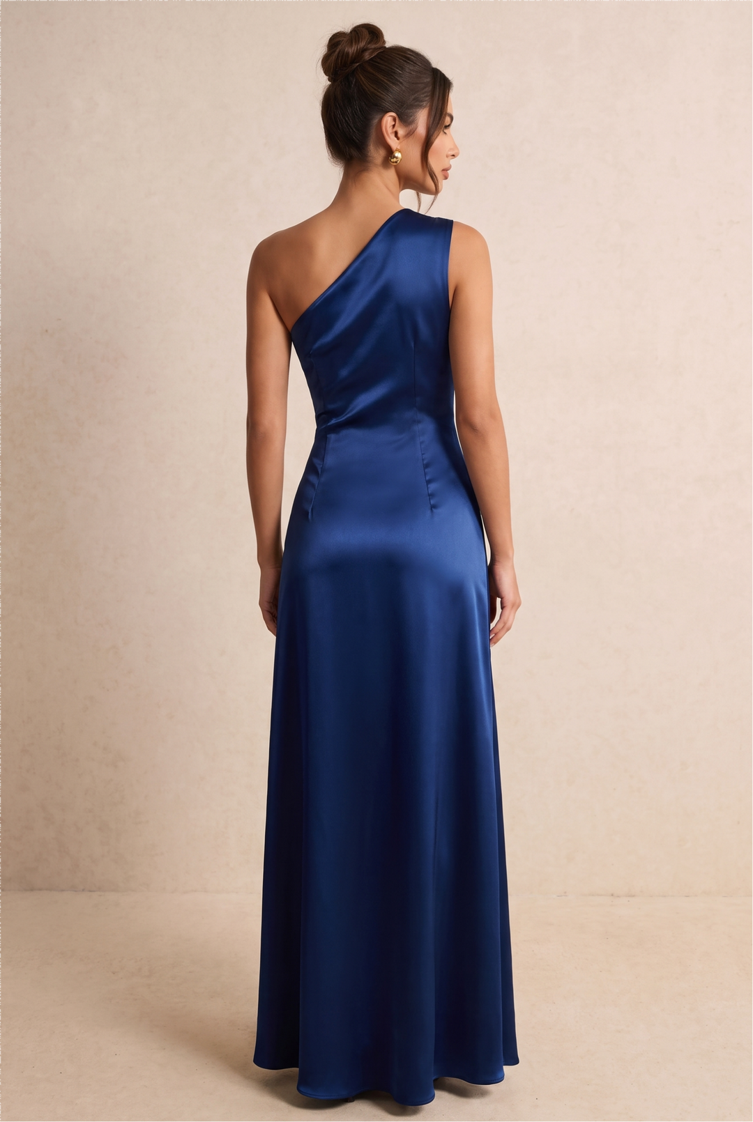 Elegant Satin One Shoulder Metal Flower Detail Maxi Evening Dress