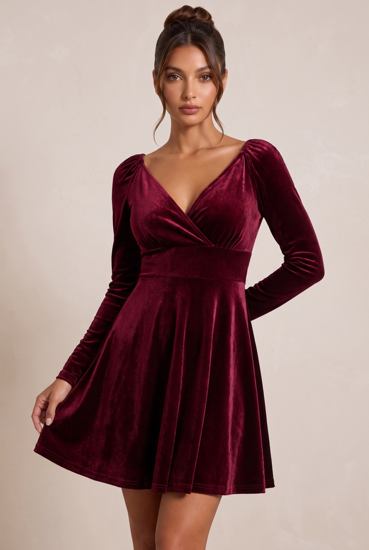Burgundy V-Neck Velvet Midi Party Dress