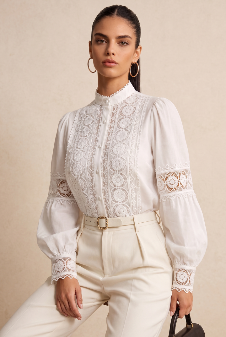 Lace Panel Stand Collar Puff Long Sleeve Blouse