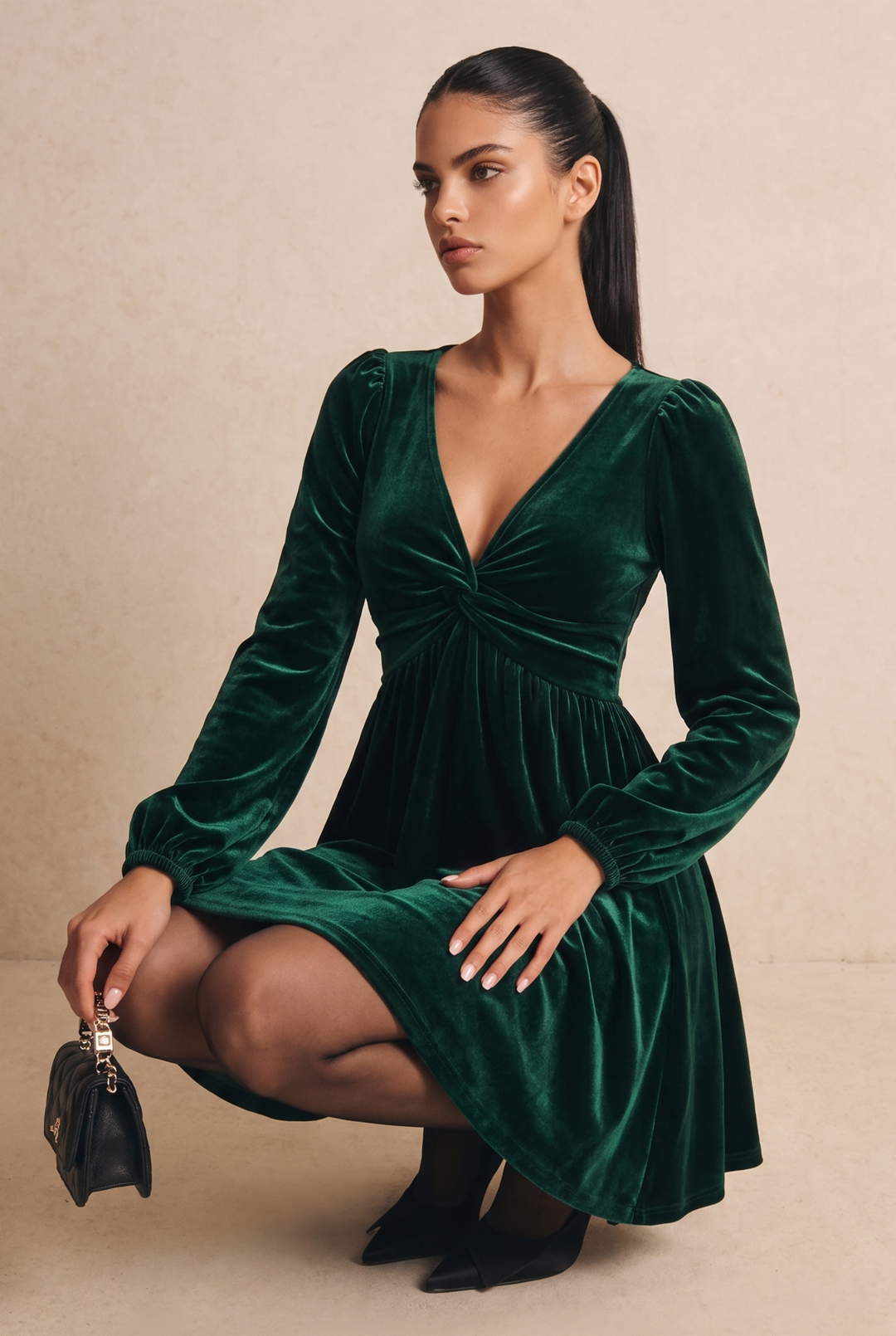 Green Velvet V-Neck Twist Front Long Sleeve Mini Dress