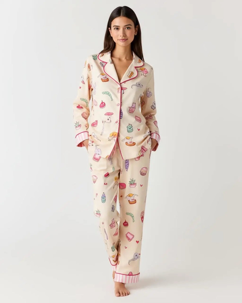 SOLACE CHICMulti-Element Cartoon Print Lapel Pajama Set