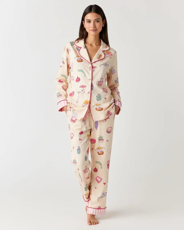 SOLACE CHICMulti-Element Cartoon Print Lapel Pajama Set