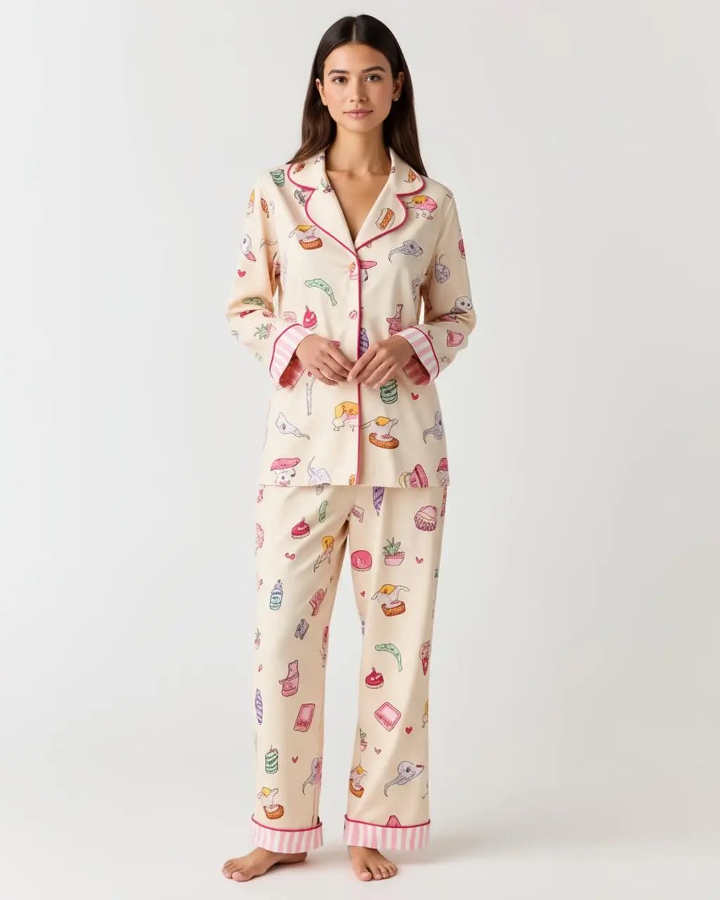 SOLACE CHICMulti-Element Cartoon Print Lapel Pajama Set
