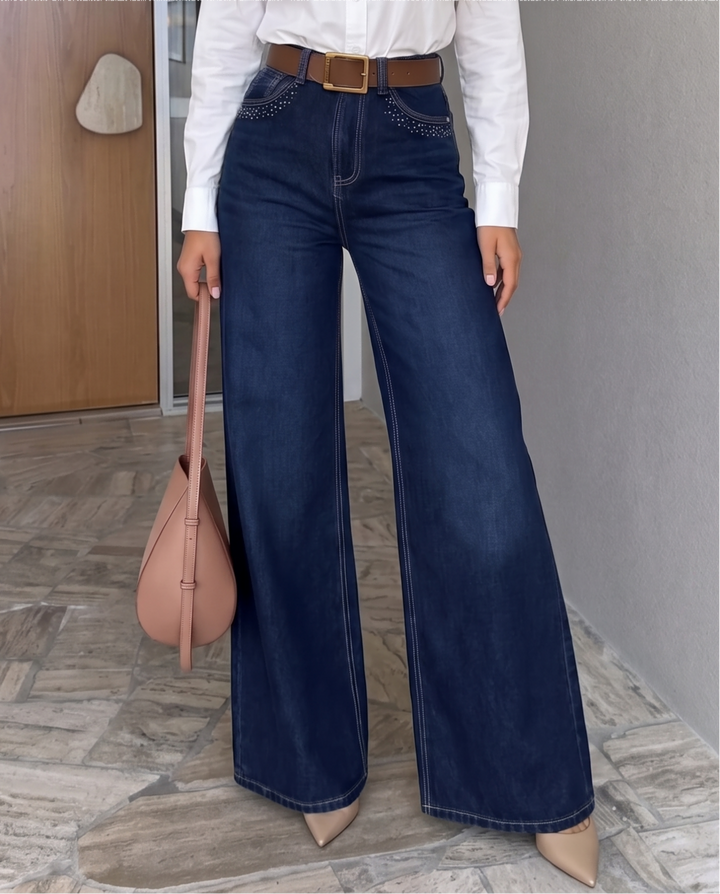 Rhinestone Decorated High Waist Wide Leg Denim Jeans