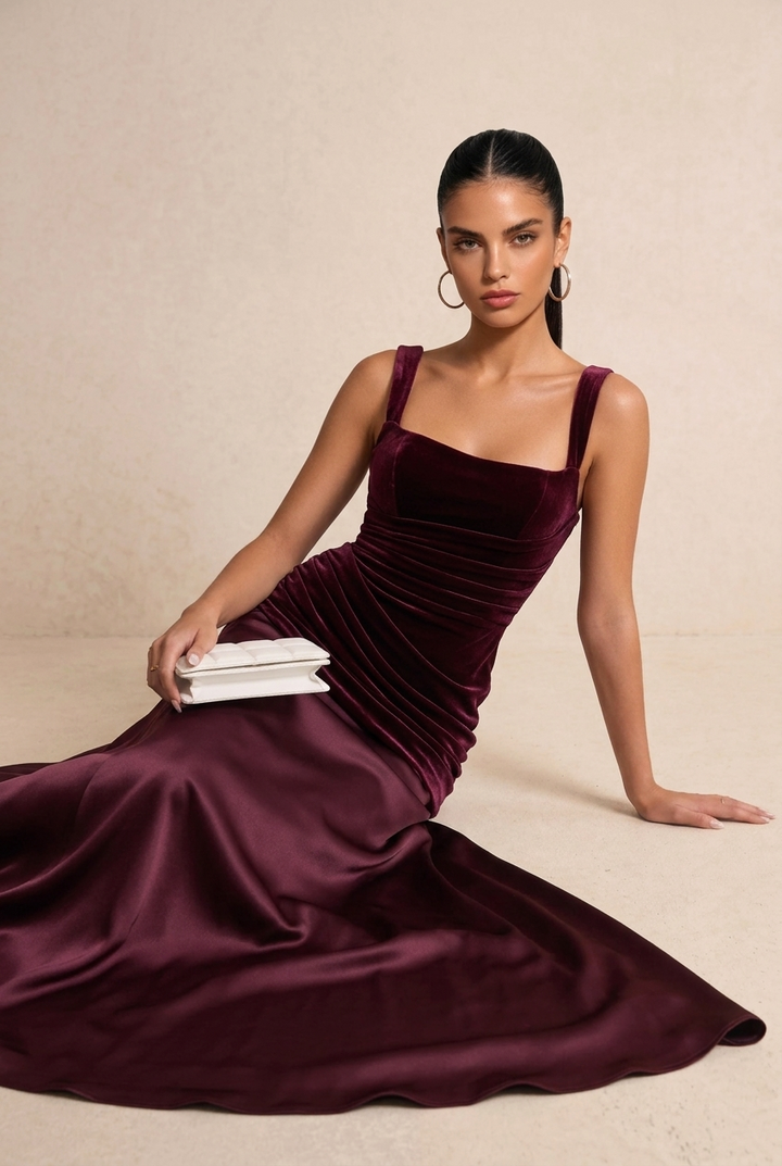 Burgundy Velvet Satin Mix Maxi Evening Dress