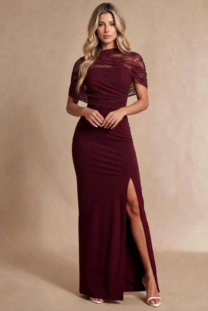 Burgundy Lace Cape Split Maxi Dress