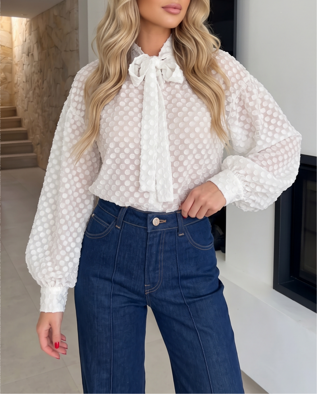 Bow Neck Jacquard Polka Dot Puff Sleeve Blouse
