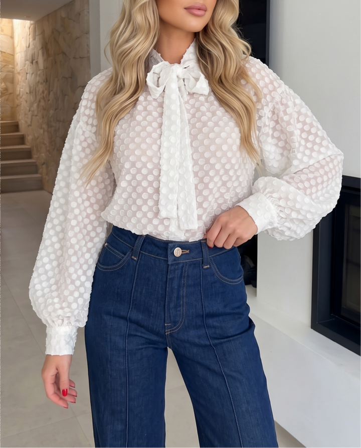 Bow Neck Jacquard Polka Dot Puff Sleeve Blouse