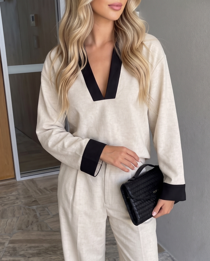 Color Block V Neck Long Sleeve Wide Leg Two Piece Pant Set